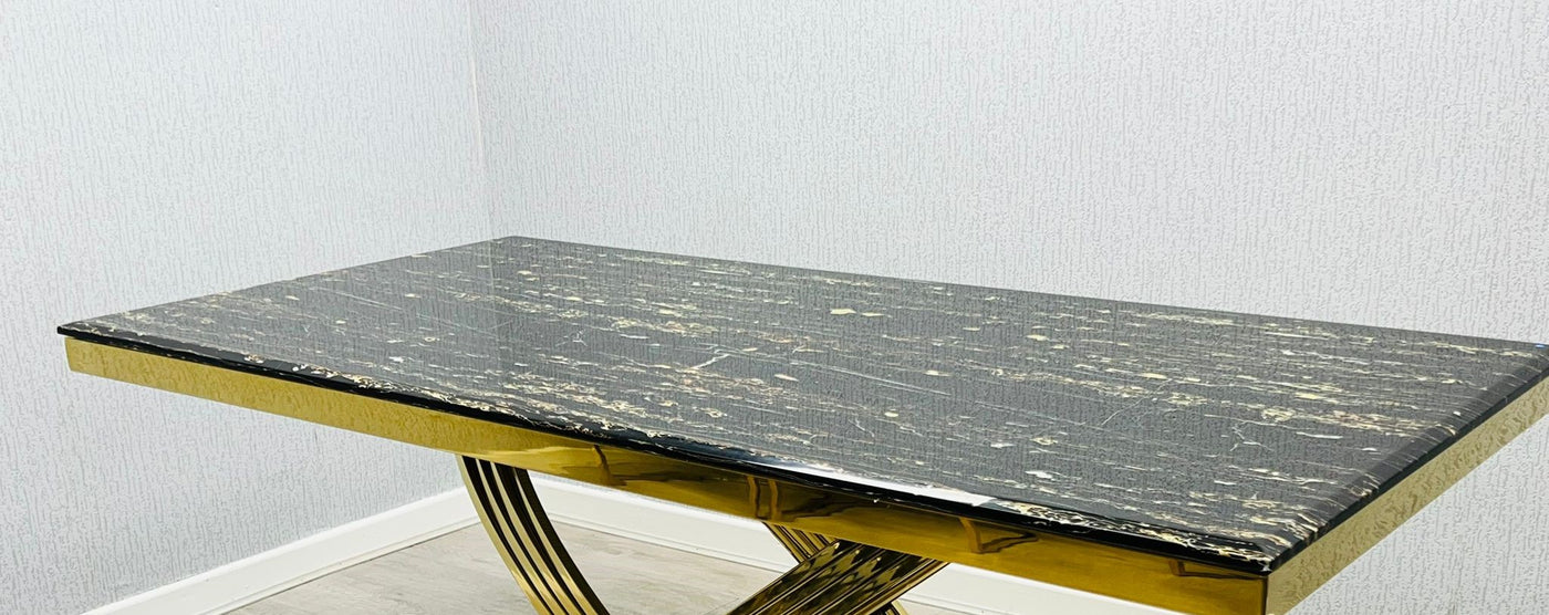 Elina Marble & Chrome Dining Table With Chrome Ring Knocker Velvet Chairs
