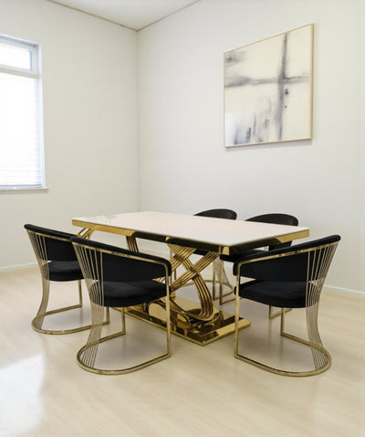 Elina 180cm Gold Dining Table With Porto Gold Leathaire Fabric Chairs Gold Legs