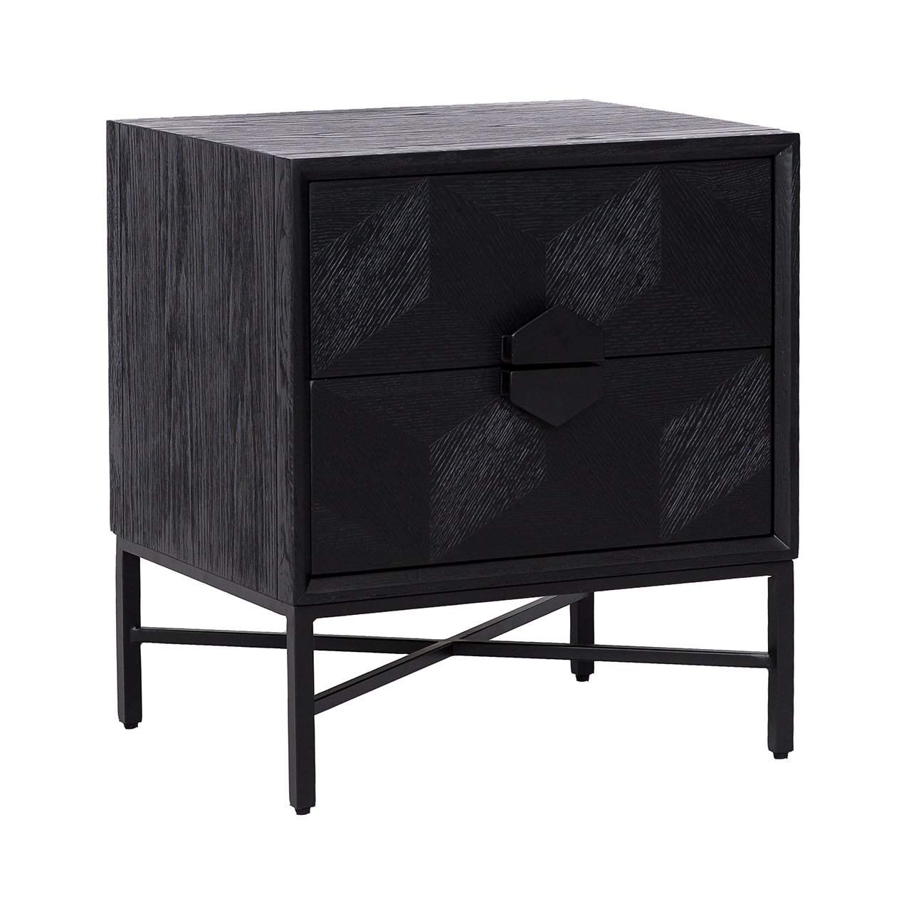 Richmond Interiors Blax Black Oak Wood Isometric Cube Pattern Square Bedside Table | 2 Drawers