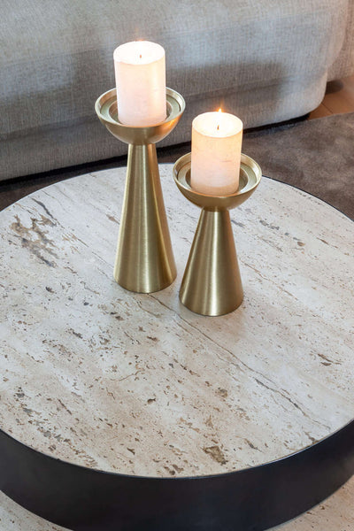 Richmond Interiors Avalon Bronze & Beige Travertine Layered Stacked Round Coffee Table