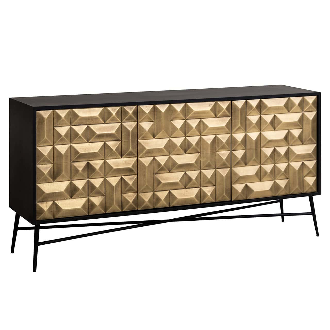 Richmond Interiors Tetro Black Mango Wood & Gold Geometric Decorative Sideboard