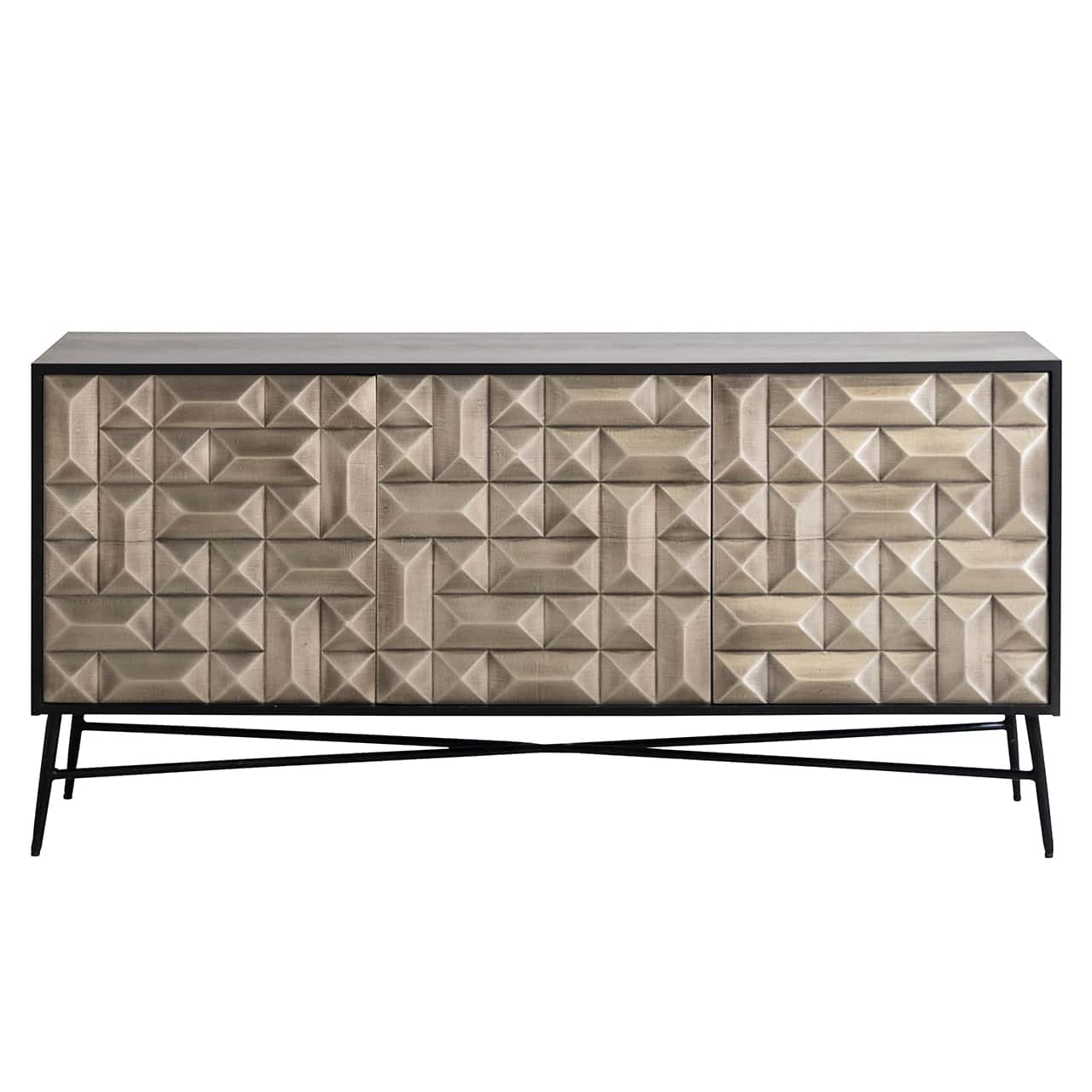 Richmond Interiors Tetro Black Mango Wood & Silver Geometric Decorative Sideboard