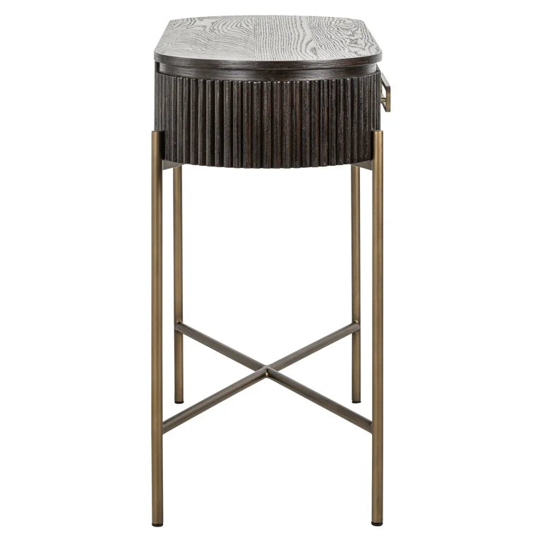 Richmond Interiors Luxor Dark Brown Ribbed Oak Wood & Gold Console Table