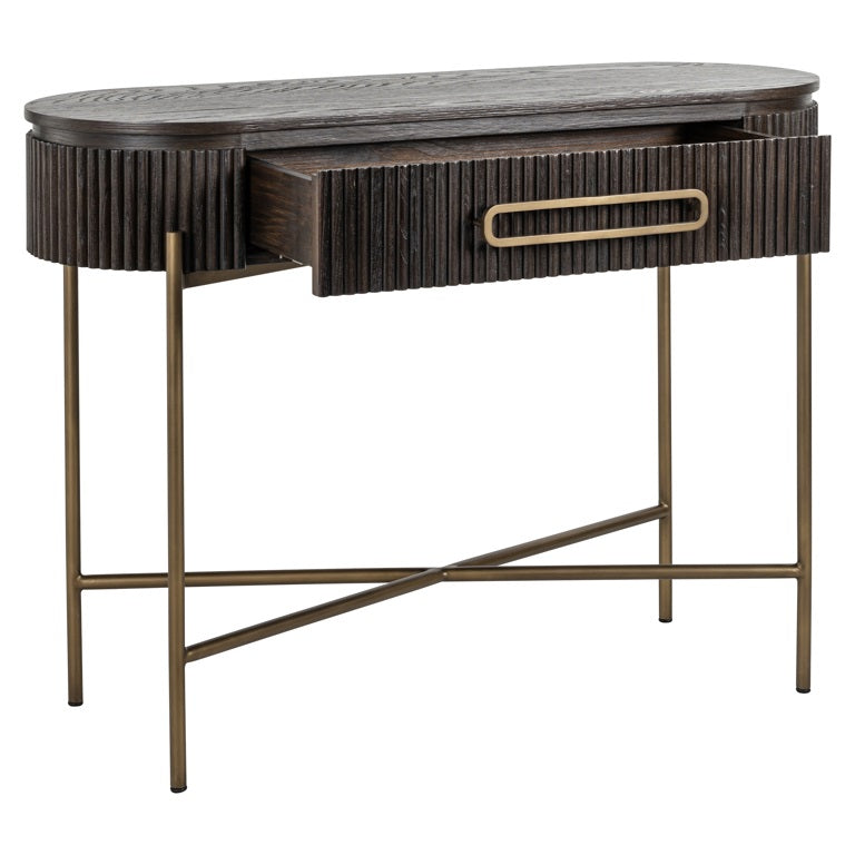 Richmond Interiors Luxor Dark Brown Ribbed Oak Wood & Gold Console Table