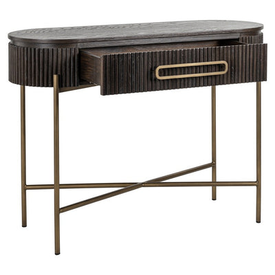 Richmond Interiors Luxor Dark Brown Ribbed Oak Wood & Gold Console Table