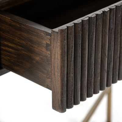 Richmond Interiors Luxor Dark Brown Ribbed Oak Wood & Gold Console Table
