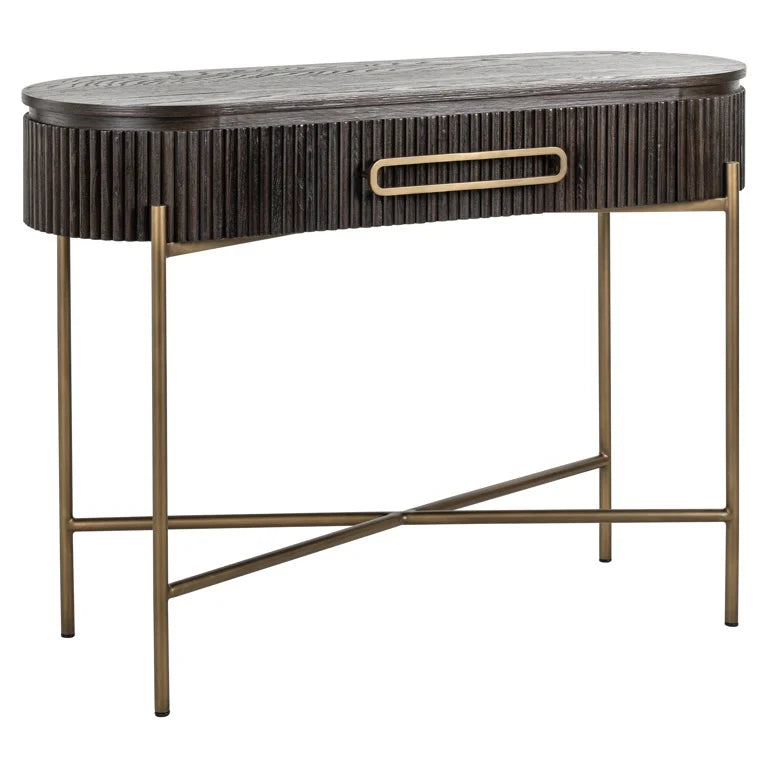 Richmond Interiors Luxor Dark Brown Ribbed Oak Wood & Gold Console Table
