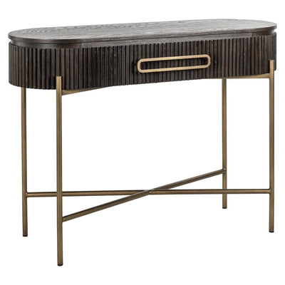 Richmond Interiors Luxor Dark Brown Ribbed Oak Wood & Gold Console Table
