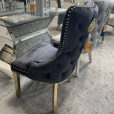 Louis Grey Gold Marble Dining Table With Victoria Shimmer Velvet Lion Knocker Velvet Chairs