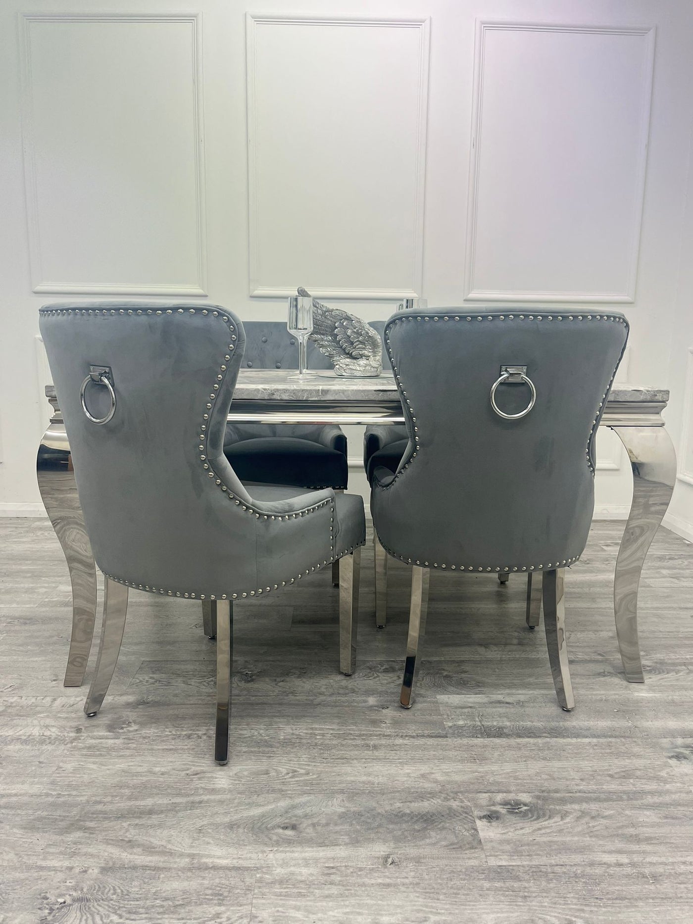 Louis 160cm Marble & Chrome Dining Table With Megan Chrome Ring Knocker Velvet Chairs