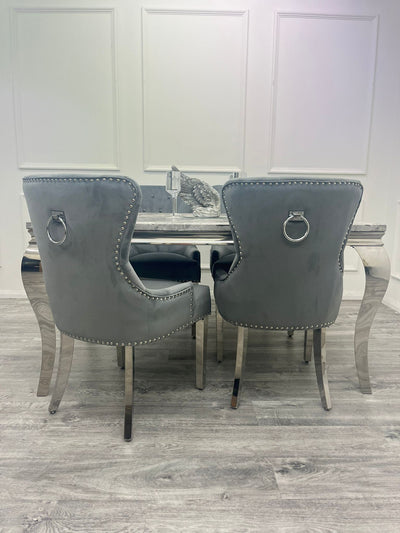 Louis 160cm Marble & Chrome Dining Table With Megan Chrome Ring Knocker Velvet Chairs