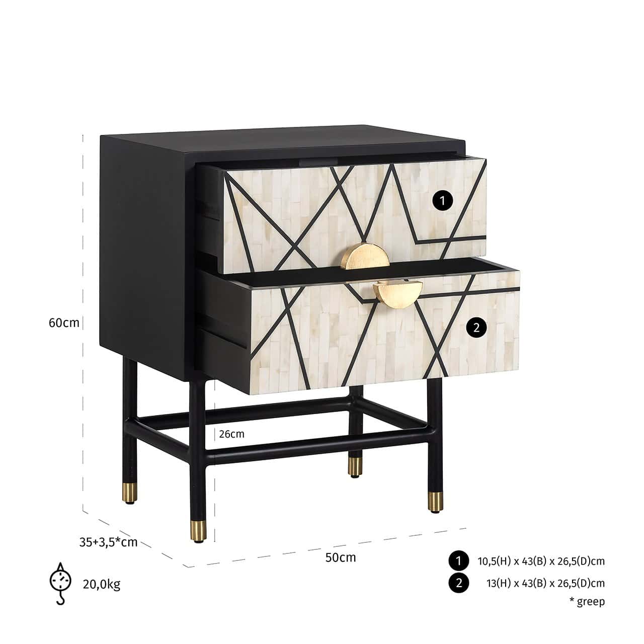 Richmond Interiors Novas Black Mango Wood & Bone Bedside Table