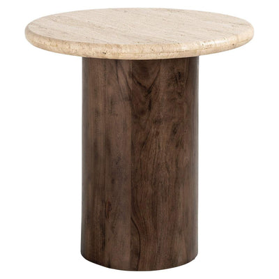 Richmond Interiors Douglas Beige Travertine & Brown Mango Wood Round Side Table