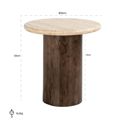 Richmond Interiors Douglas Beige Travertine & Brown Mango Wood Round Side Table