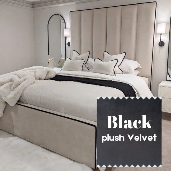 The Wenger Panel Upholstered Plush Velvet Black Piping Bed Frame