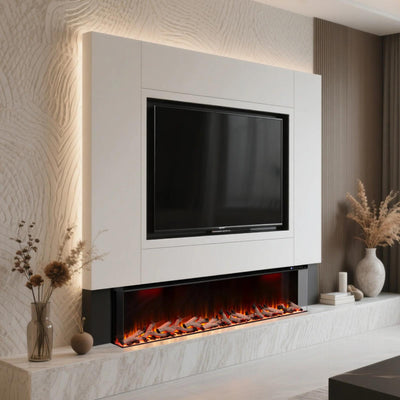 Maison 50 Inch 2025 Panoramic Smart Alexa Media Wall Fire 3 Sided Glass LED WiFi Electric UHD Fireplace