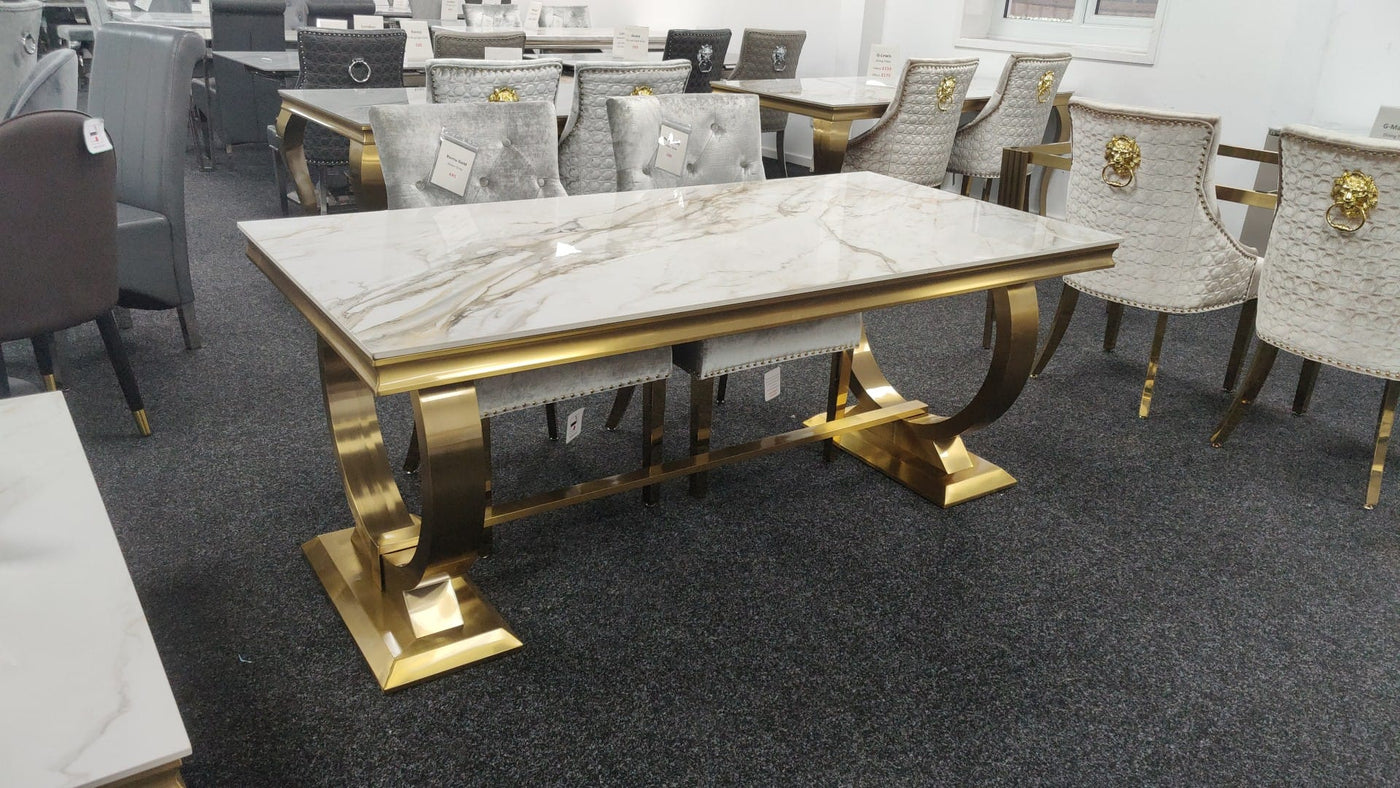 Arianna 200CM Gold Marble Dining Table + Gold Lion Knocker Dining Chairs