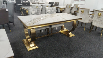 Arianna 200CM Gold Marble Dining Table + Gold Lion Knocker Dining Chairs