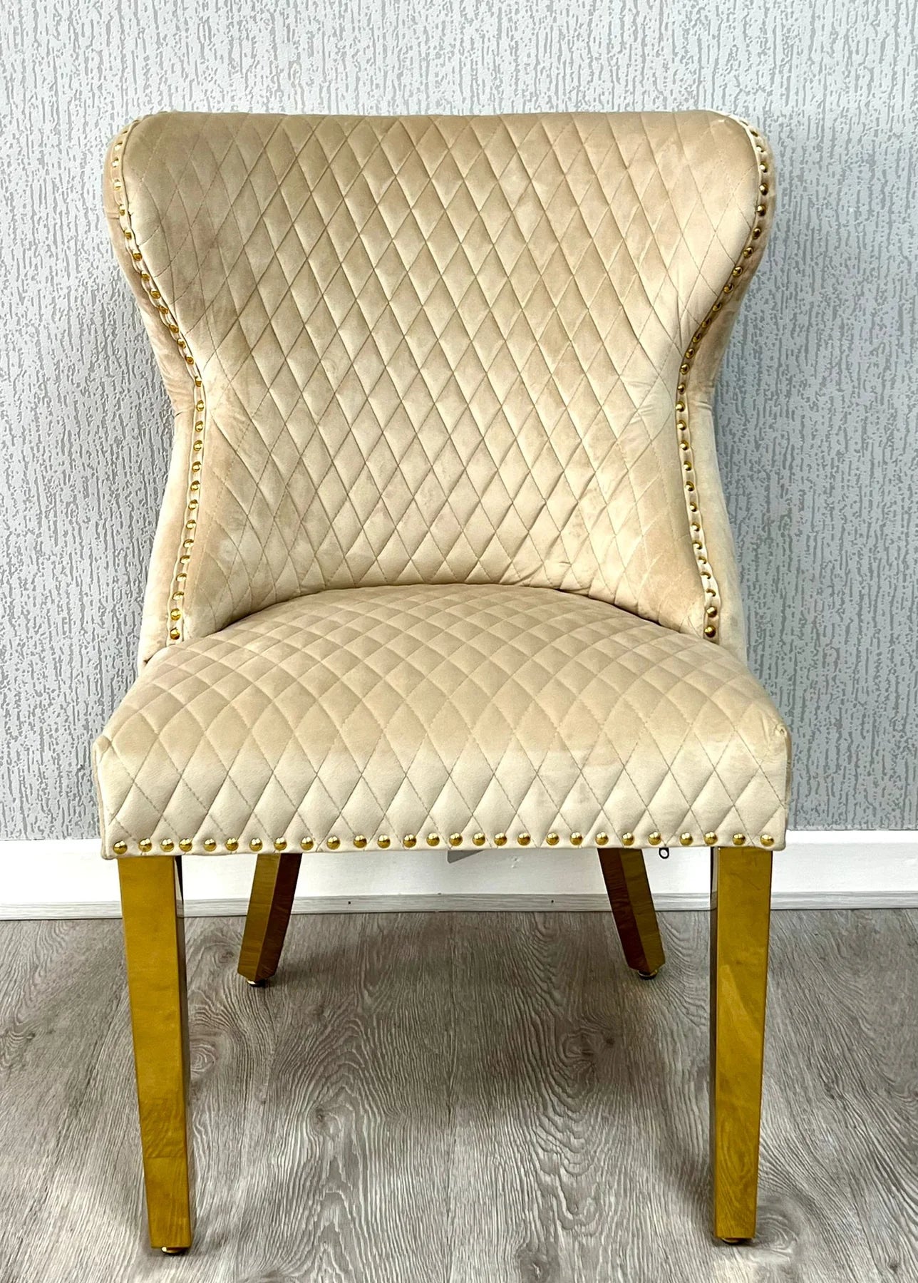 Louis Gold Cream Marble Dining Table With Valentino Gold Lion Knocker Dining Chairs