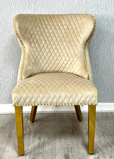 Louis Gold Cream Marble Dining Table With Valentino Gold Lion Knocker Dining Chairs