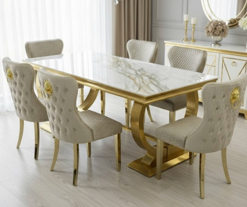 Arianna Marble & Gold Dining Table With Valente Gold Lion Knocker Velvet Chairs