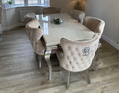 Louis Marble & Chrome Dining Table With Valentino Lion Knocker Velvet Chairs