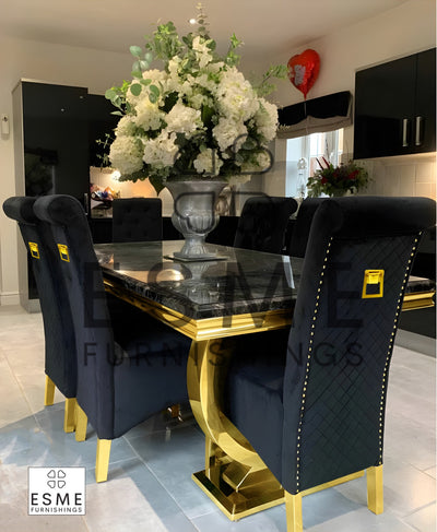 Arianna Marble & Gold Dining Table With Lucy Slim Quilted Gold Ring Knocker Velvet Chairs