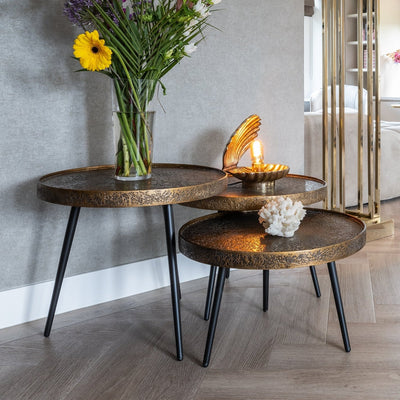 Richmond Interiors Luton Textured Gold Round Coffee Table Nest | Set of 3