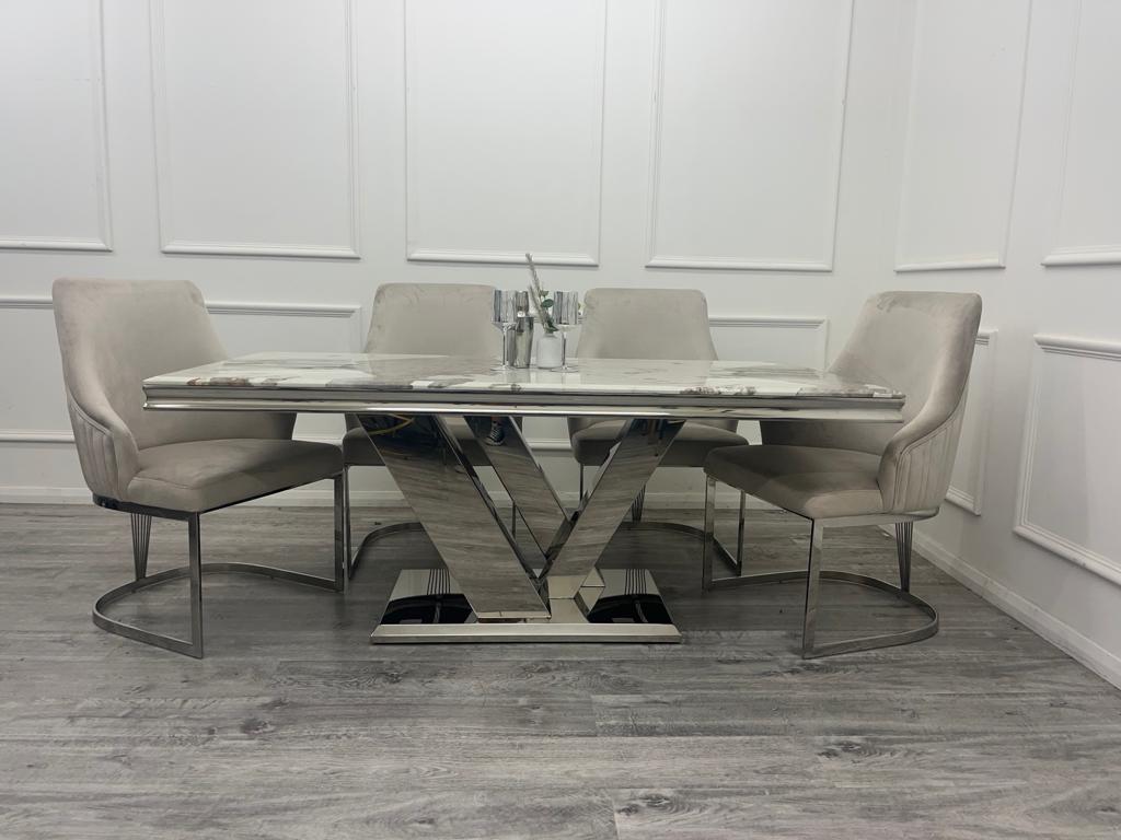 Cello 180cm Marble & Chrome Dining Table With Carlton Beige/Chrome Velvet Chairs