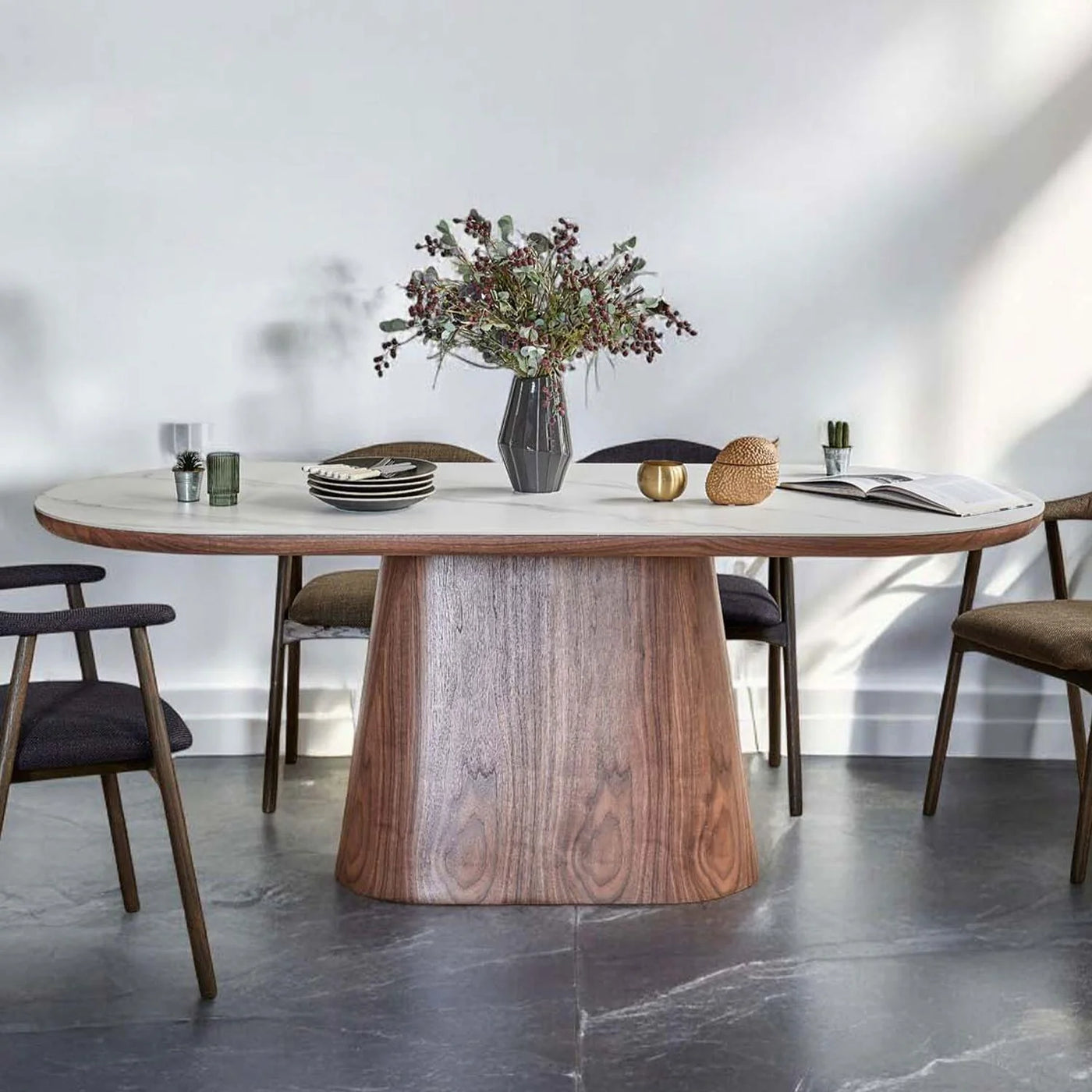 Bianca 200cm Oval Walnut & White Ceramic Marble Dining Table