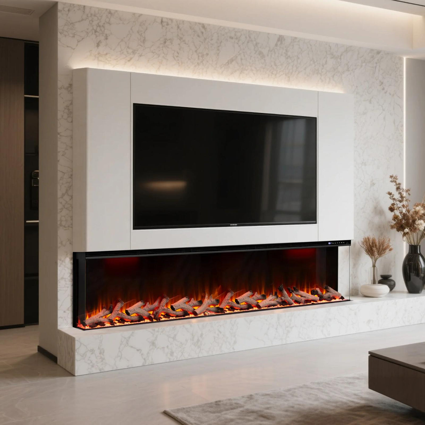 50 60 72 80 Inch 2025 Panoramic Smart Alexa Media Wall Fire 3 Sided Glass LED WiFi Electric UHD Fireplace