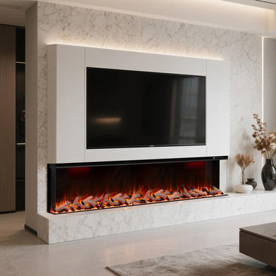 50 60 72 80 Inch 2025 Panoramic Smart Alexa Media Wall Fire 3 Sided Glass LED WiFi Electric UHD Fireplace