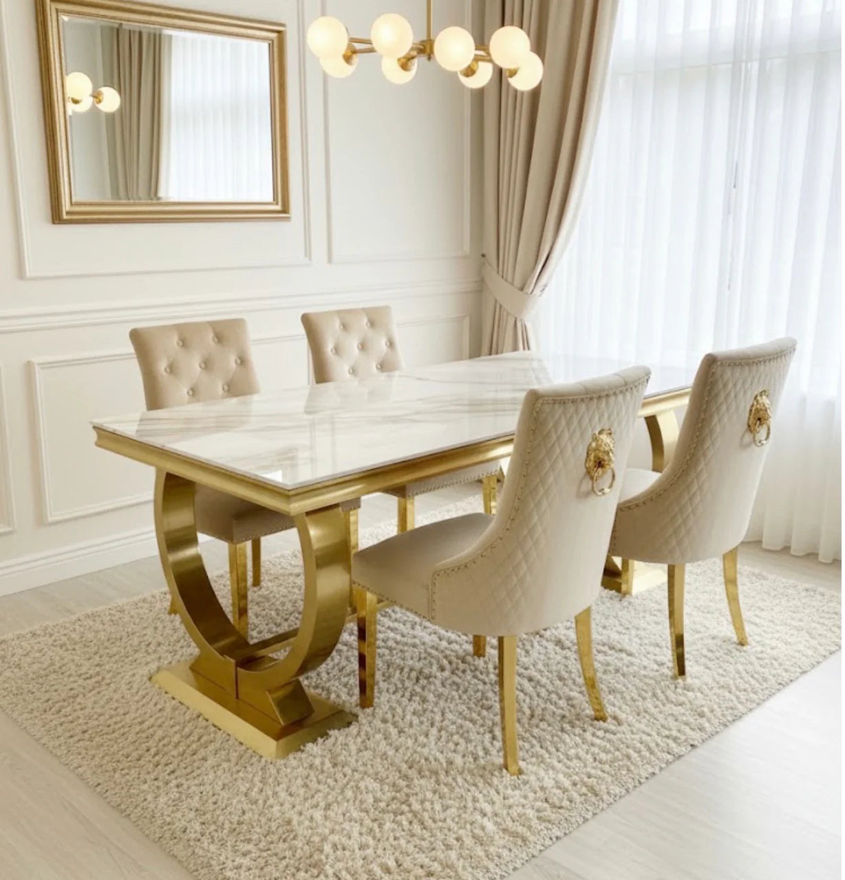 Arianna Marble & Gold Dining Table With Quilted Lion Knocker Velvet Chairs Gold Legs