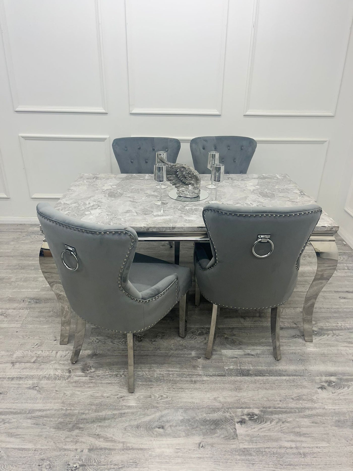 Louis 160cm Marble & Chrome Dining Table With Megan Chrome Ring Knocker Velvet Chairs