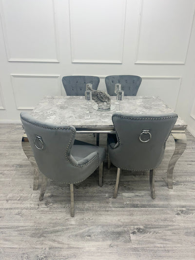 Louis 160cm Marble & Chrome Dining Table With Megan Chrome Ring Knocker Velvet Chairs