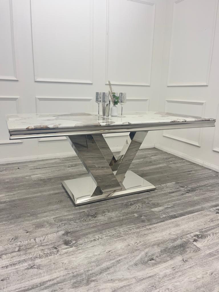 Cello 180cm Marble & Chrome Dining Table With Carlton Beige/Chrome Velvet Chairs