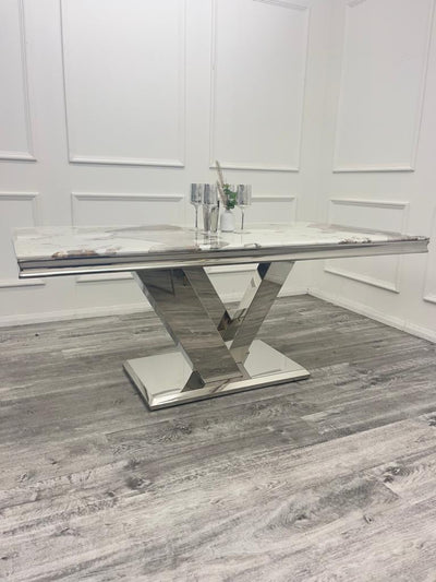 Cello 180cm Marble & Chrome Dining Table With Carlton Beige/Chrome Velvet Chairs