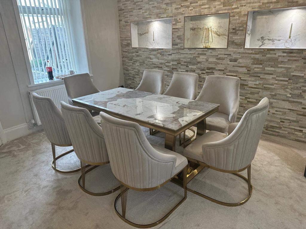 Arianna 180cm Kasi Gold Marble Dining Table With Carlton Cream/Gold Velvet Dining Chairs