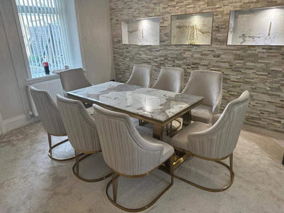 Arianna 180cm Kasi Gold Marble Dining Table With Carlton Cream/Gold Velvet Dining Chairs