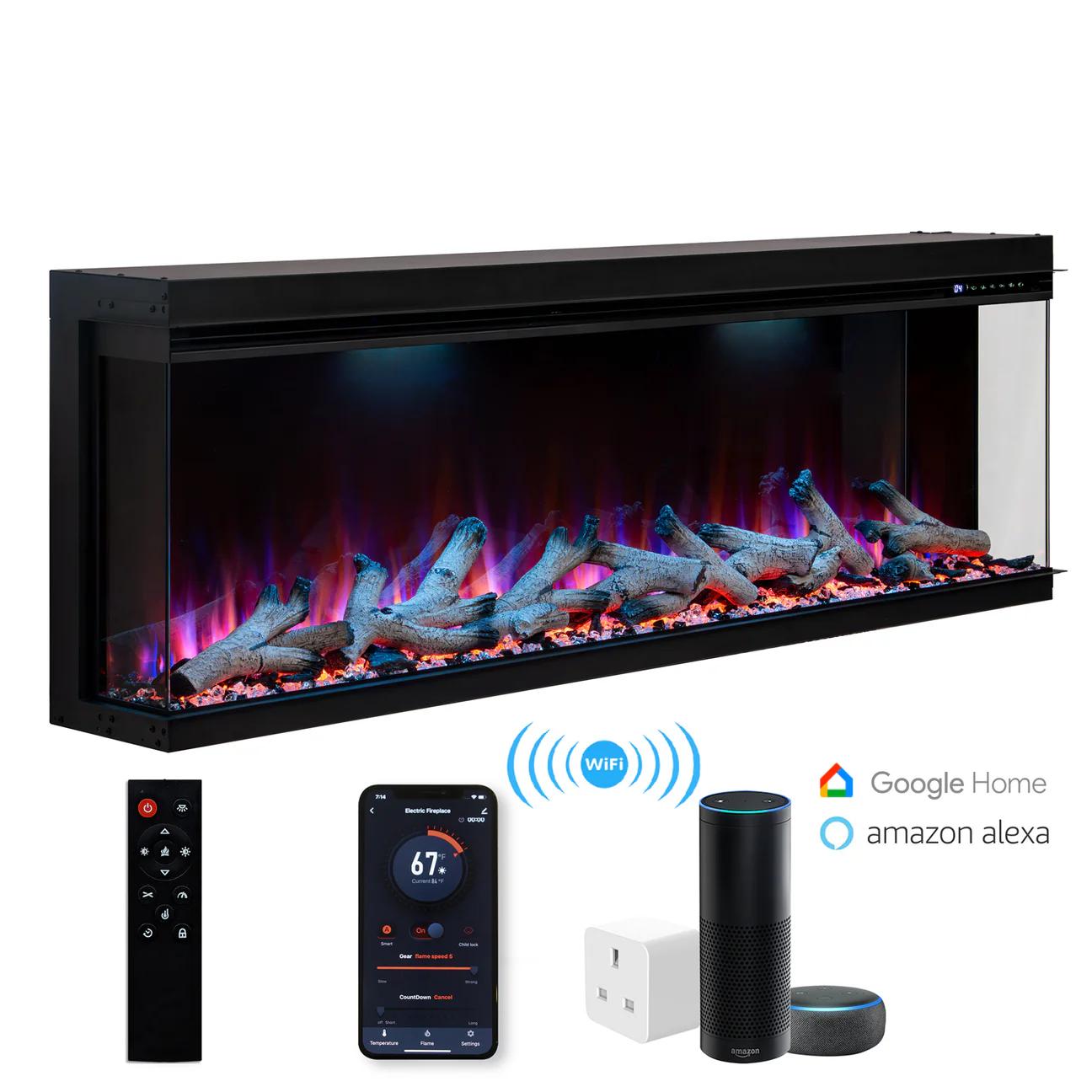 Maison 50 Inch 2025 Panoramic Smart Alexa Media Wall Fire 3 Sided Glass LED WiFi Electric UHD Fireplace