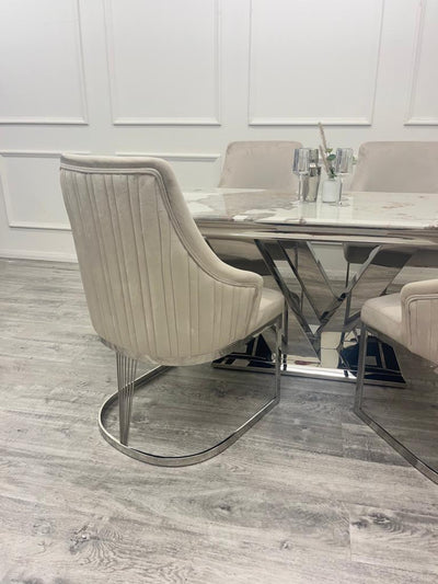 Cello 180cm Marble & Chrome Dining Table With Carlton Grey/Chrome Velvet Chairs