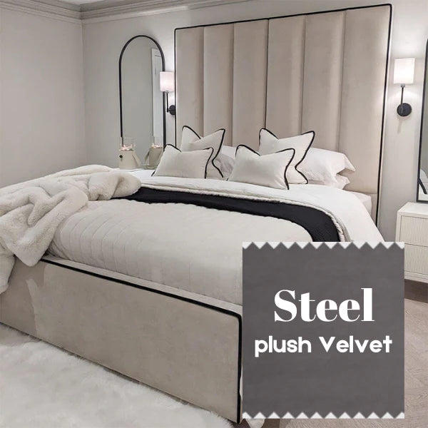 The Wenger Panel Upholstered Plush Velvet Black Piping Bed Frame