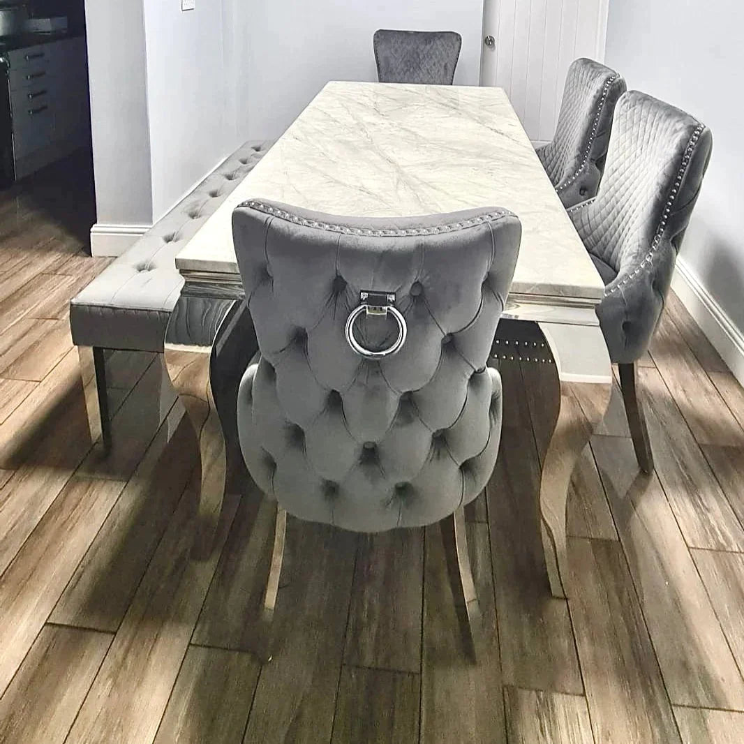 Louis Marble 180CM Dining Table + Victoria Grey Ring Chairs, Bench Option