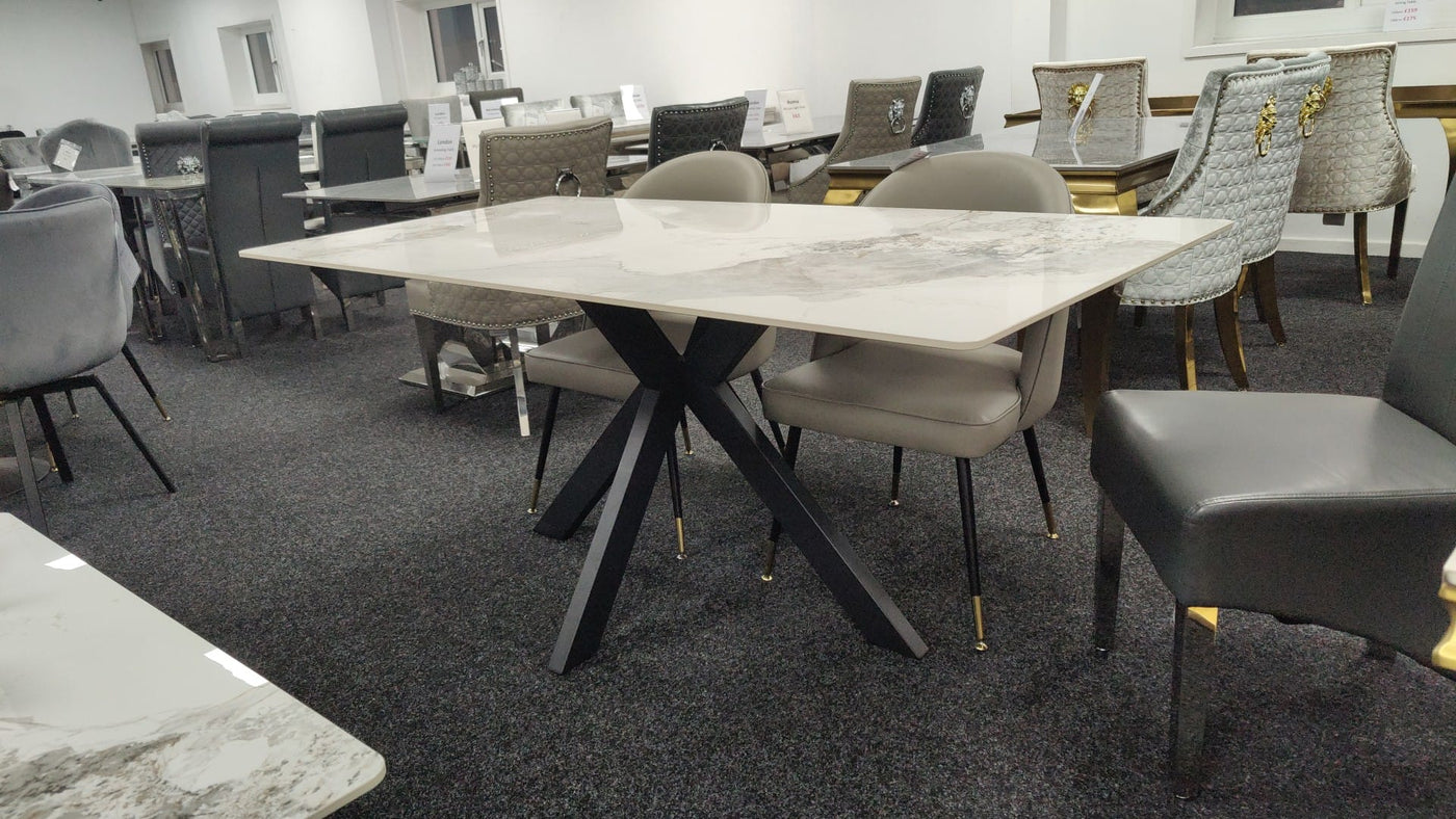 Phoenix 180cm White Ceramic Marble Dining Table With Grey Velvet Black Ring Chairs