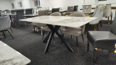 Phoenix 180cm White Ceramic Marble Dining Table With Grey Velvet Black Ring Chairs