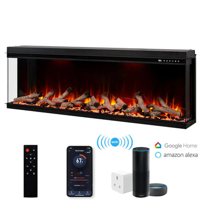 50 60 72 80 Inch 2025 Panoramic Smart Alexa Media Wall Fire 3 Sided Glass LED WiFi Electric UHD Fireplace