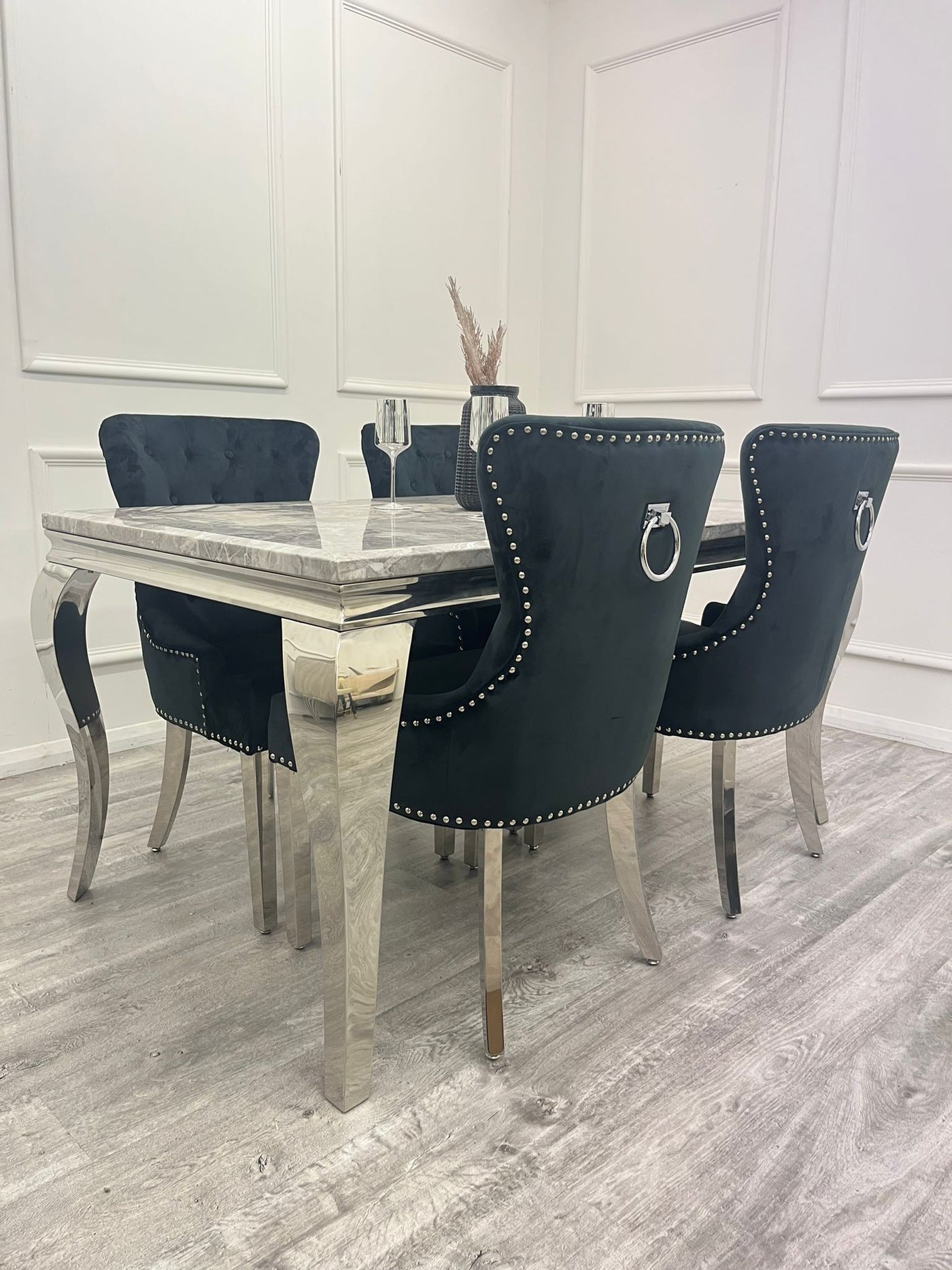 Louis 160cm Marble & Chrome Dining Table With Megan Chrome Ring Knocker Velvet Chairs