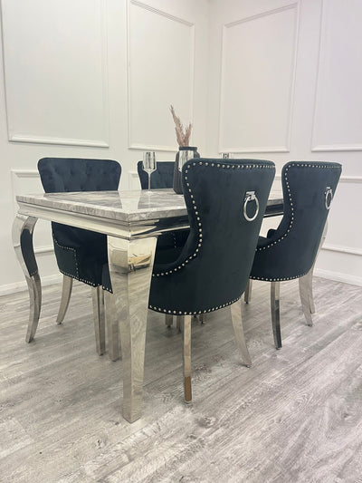 Louis 160cm Marble & Chrome Dining Table With Megan Chrome Ring Knocker Velvet Chairs