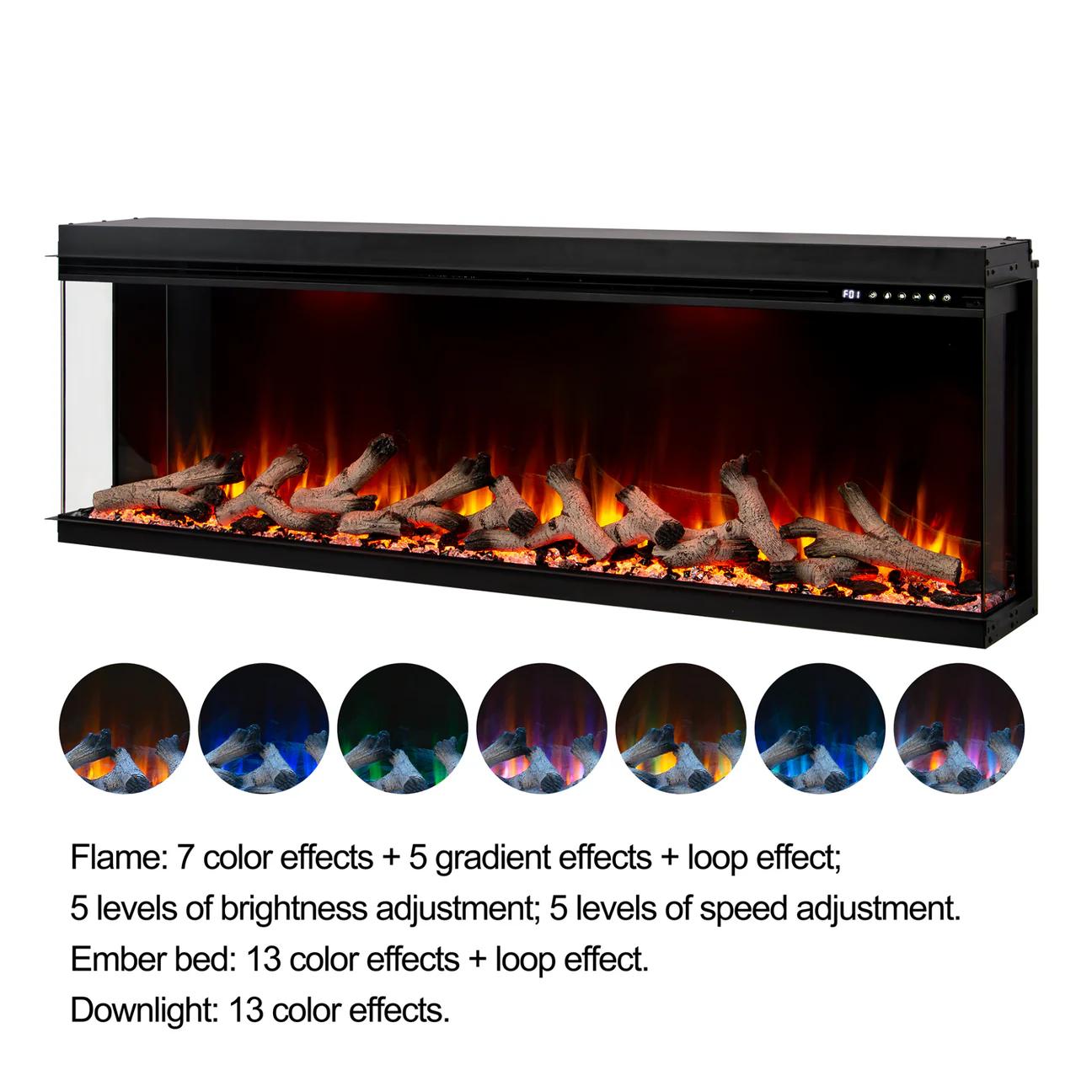 50 60 72 80 Inch 2025 Panoramic Smart Alexa Media Wall Fire 3 Sided Glass LED WiFi Electric UHD Fireplace