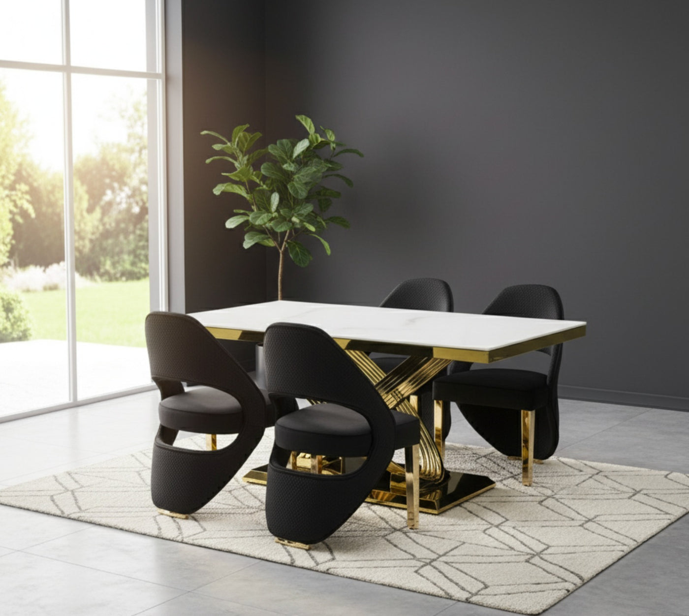 Elina 180cm Gold Dining Table With Santos Velvet Gold Chairs